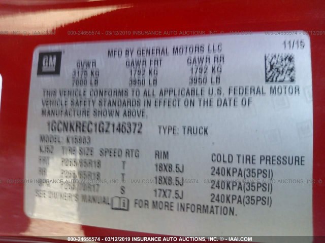 1GCNKREC1GZ146372 - 2016 CHEVROLET SILVERADO K1500 LT RED photo 9