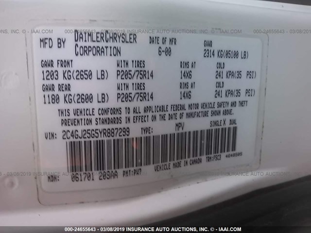 2C4GJ25G5YR887299 - 2000 CHRYSLER VOYAGER WHITE photo 9