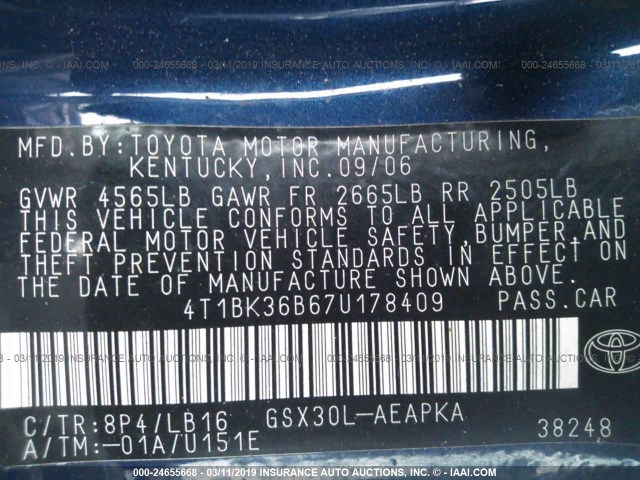 4T1BK36B67U178409 - 2007 TOYOTA AVALON XL/XLS/TOURING/LIMITED BLUE photo 9