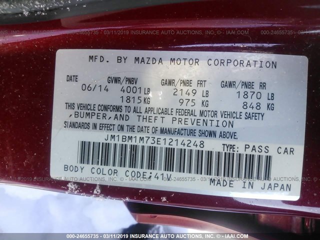 JM1BM1M73E1214248 - 2014 MAZDA 3 GRAND TOURING RED photo 9