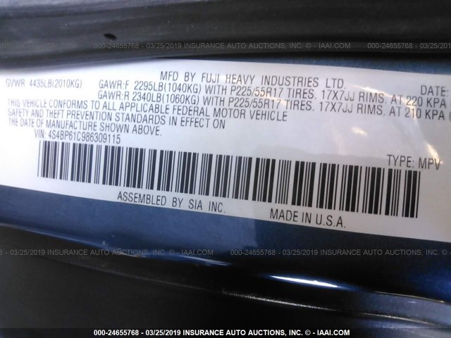 4S4BP61C986309115 - 2008 SUBARU OUTBACK 2.5I BLUE photo 9