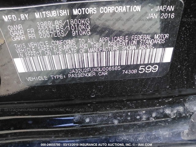 JA32U2FUXGU006585 - 2016 MITSUBISHI LANCER ES BLACK photo 9