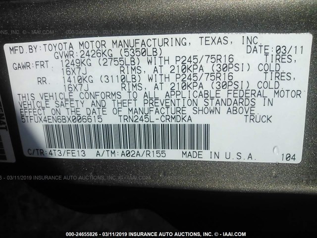 5TFUX4EN6BX006615 - 2011 TOYOTA TACOMA ACCESS CAB ნაცრისფერი ფოტო 9