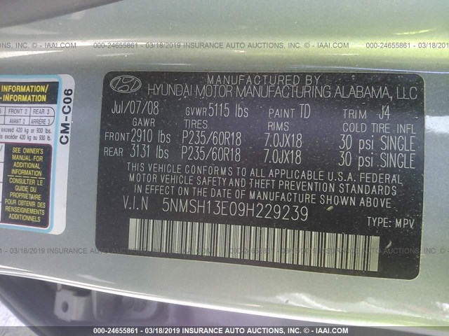 5NMSH13E09H229239 - 2009 HYUNDAI SANTA FE SE/LIMITED Light Blue photo 9