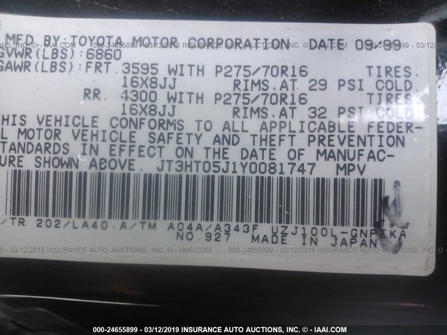 JT3HT05J1Y0081747 - 2000 TOYOTA LAND CRUISER  BLACK photo 9