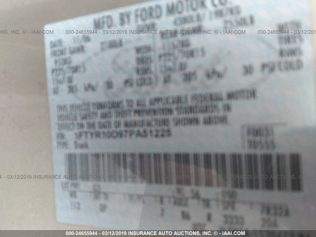 1FTYR10D97PA51225 - 2007 FORD RANGER GOLD photo 9