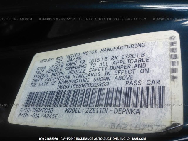 1NXBR18E6WZ092359 - 1998 TOYOTA COROLLA VE/CE/LE 绿色 照片 9