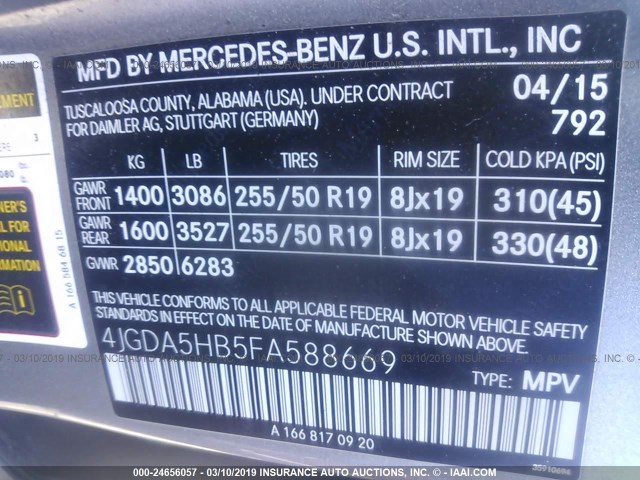 4JGDA5HB5FA588669 - 2015 MERCEDES-BENZ ML 350 4MATIC GRAY photo 9