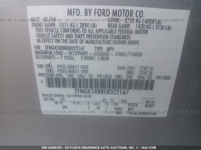 2FMGK5B88EBD22167 - 2014 FORD FLEX SE SILVER photo 9