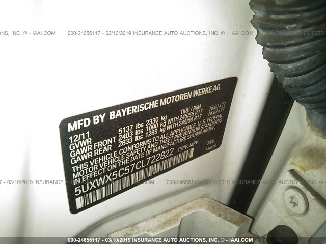 5UXWX5C57CL722822 - 2012 BMW X3 XDRIVE28I WHITE photo 9