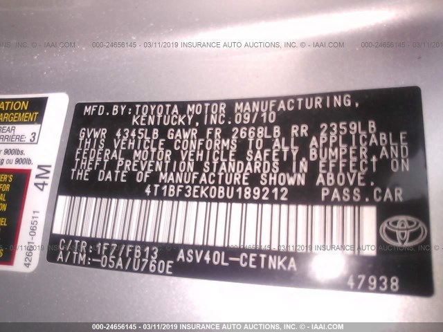 4T1BF3EK0BU189212 - 2011 TOYOTA CAMRY SE/LE/XLE SILVER photo 9