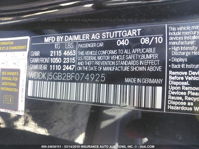 WDDKJ5GB2BF074925 - 2011 MERCEDES-BENZ E 350 BLACK photo 9