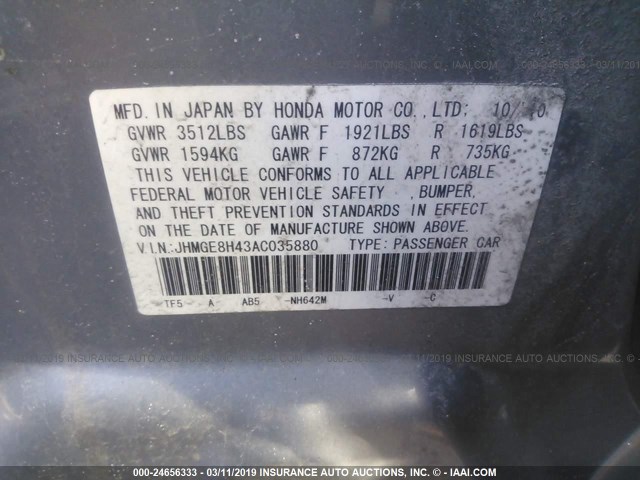 JHMGE8H43AC035880 - 2010 HONDA FIT SPORT GRAY photo 9