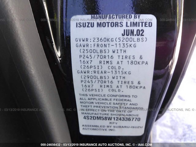 4S2DM58W124336770 - 2002 ISUZU RODEO S/LS/LSE BLACK photo 9