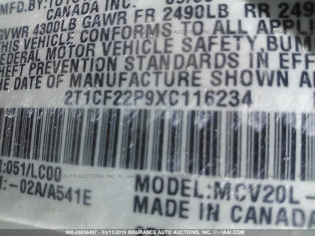 2T1CF22P9XC116234 - 1999 TOYOTA CAMRY SOLARA SE/SLE WHITE photo 9