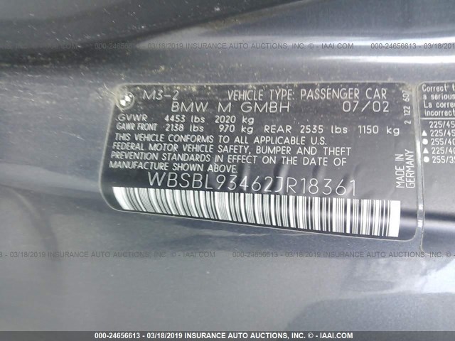 WBSBL93462JR18361 - 2002 BMW M3 GRAY photo 9