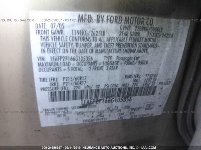 1FAFP27166G105356 - 2006 FORD FIVE HUNDRED SEL TAN photo 9