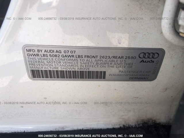 WAUAH74F58N030644 - 2008 AUDI A6 3.2 WHITE photo 9