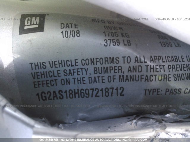 1G2AS18H697218712 - 2009 PONTIAC G5 SILVER photo 9