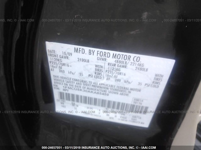 1FMCU5K30AKA85459 - 2010 FORD ESCAPE HYBRID BLACK photo 9