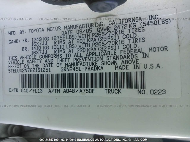 5TELU42N76Z151251 - 2006 TOYOTA TACOMA DOUBLE CAB WHITE photo 9