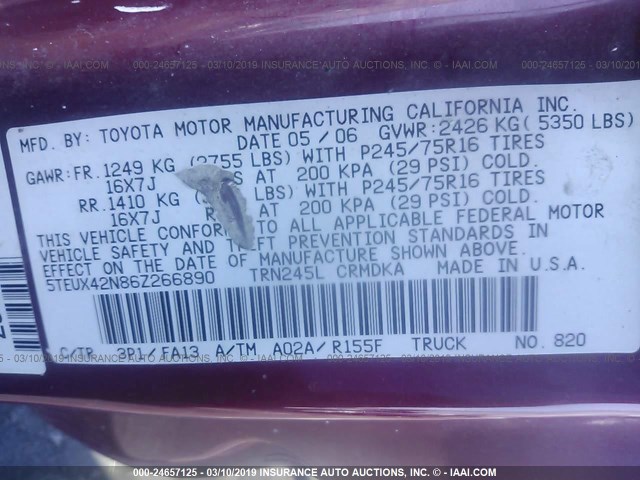 5TEUX42N86Z266890 - 2006 TOYOTA TACOMA ACCESS CAB მუქწითელი ფოტო 9