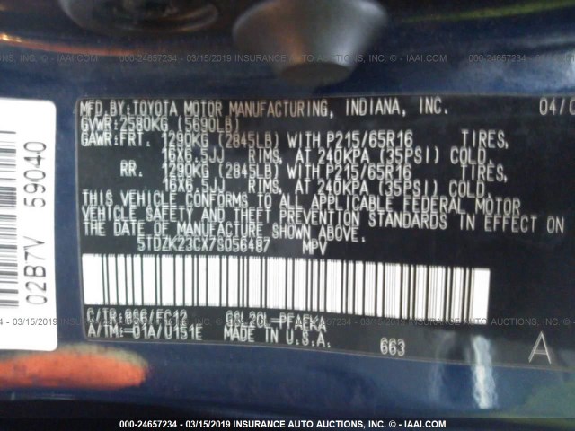 5TDZK23CX7S056487 - 2007 TOYOTA SIENNA CE/LE BLUE photo 9