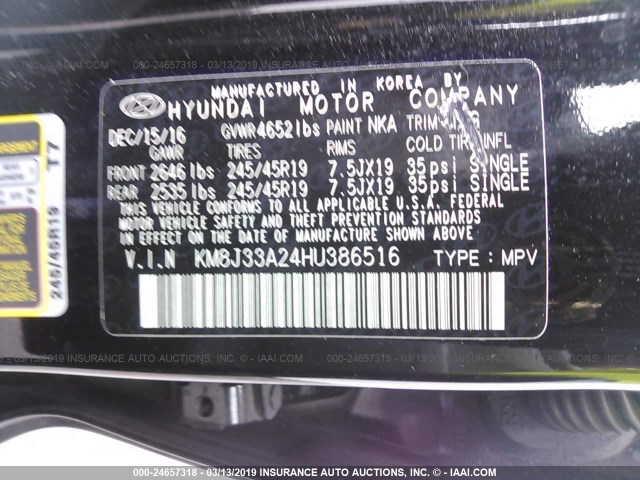 KM8J33A24HU386516 - 2017 HYUNDAI TUCSON LIMITED/SPORT AND ECO/SE BLACK photo 9