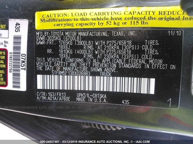 5TFRM5F13BX026983 - 2011 TOYOTA TUNDRA DOUBLE CAB SR5 GRAY photo 9