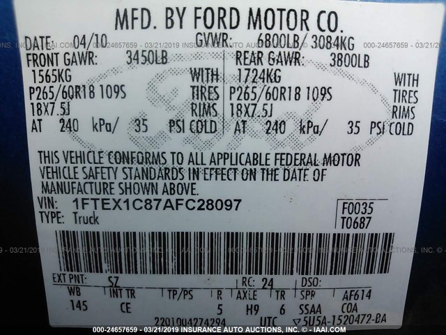 1FTEX1C87AFC28097 - 2010 FORD F150 SUPER CAB BLUE photo 9