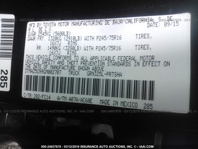 3TMAZ5CN9GM002707 - 2016 TOYOTA TACOMA DBL CAB/SR5/TRD SPORT/OR BLACK photo 9