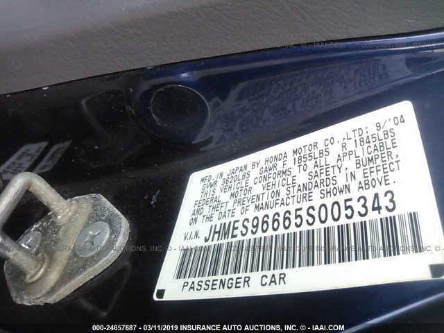 JHMES96665S005343 - 2005 HONDA CIVIC HYBRID BLUE photo 9