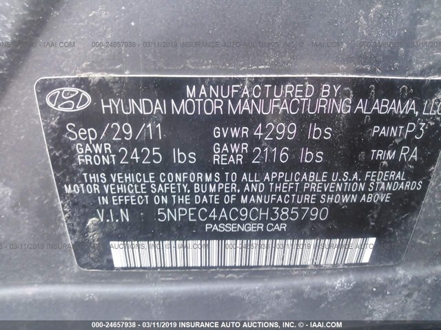 5NPEC4AC9CH385790 - 2012 HYUNDAI SONATA SE/LIMITED GRAY photo 9