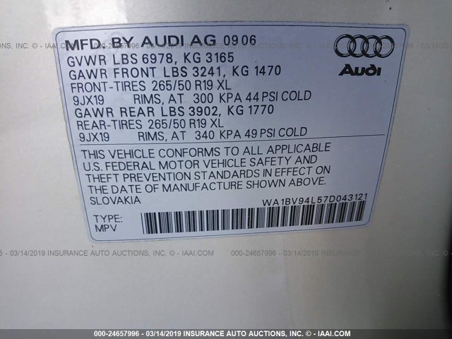 WA1BV94L57D043121 - 2007 AUDI Q7 4.2 QUATTRO PREMIUM BEIGE photo 9