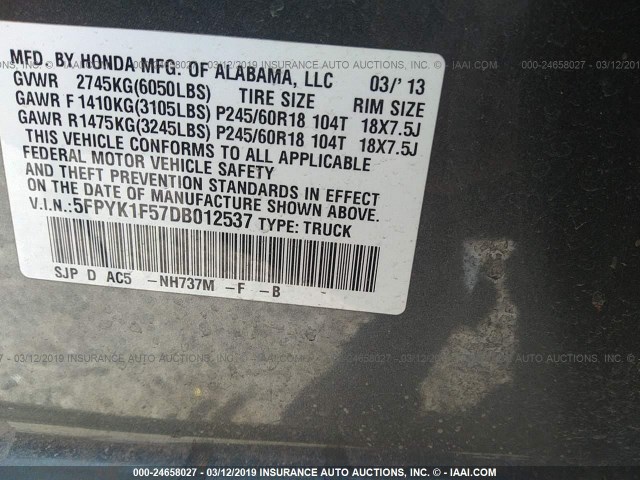 5FPYK1F57DB012537 - 2013 HONDA RIDGELINE RTL GRAY photo 9