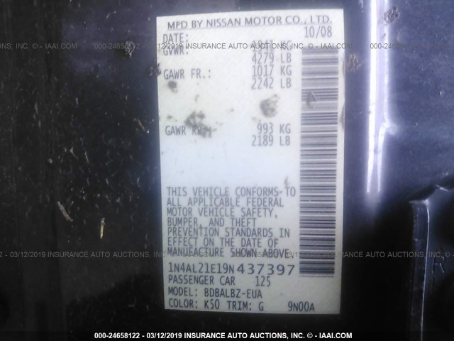 1N4AL21E19N437397 - 2009 NISSAN ALTIMA 2.5/2.5S GRAY photo 9