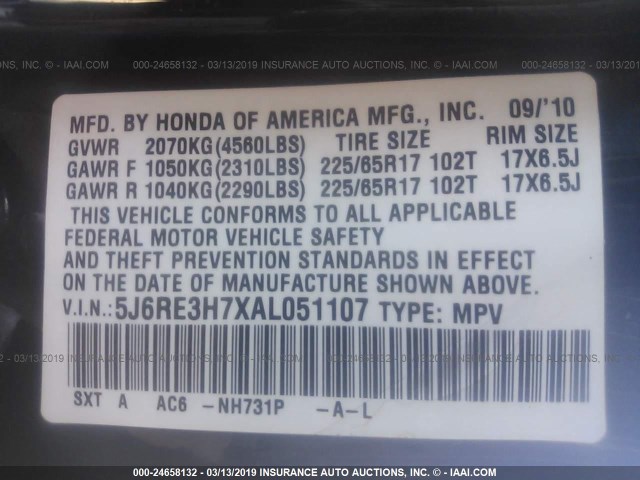 5J6RE3H7XAL051107 - 2010 HONDA CR-V EXL BLACK photo 9