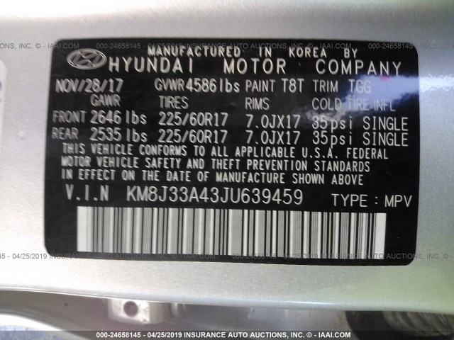 KM8J33A43JU639459 - 2018 HYUNDAI TUCSON LIMITED/SPORT AND ECO/SE SILVER photo 9