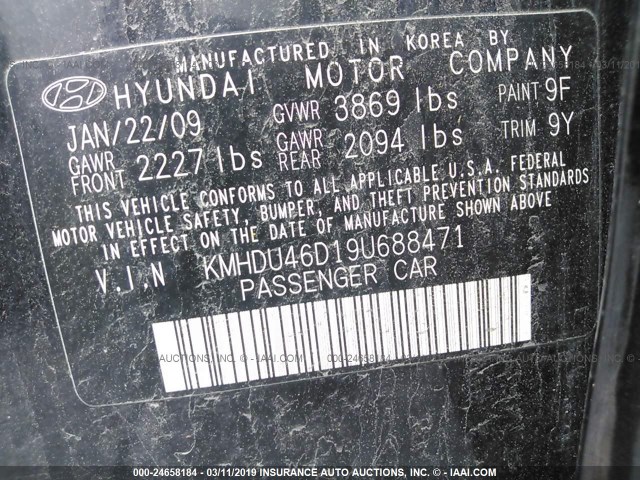 KMHDU46D19U688471 - 2009 HYUNDAI ELANTRA GLS/SE BLACK photo 9