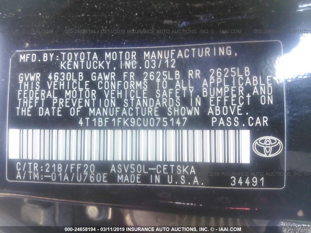 4T1BF1FK9CU075147 - 2012 TOYOTA CAMRY SE/LE/XLE BLACK photo 9