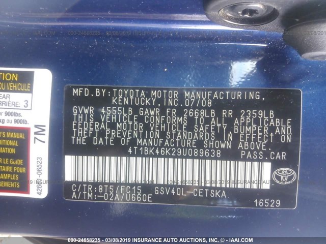 4T1BK46K29U089638 - 2009 TOYOTA CAMRY SE/LE/XLE 蓝色 照片 9