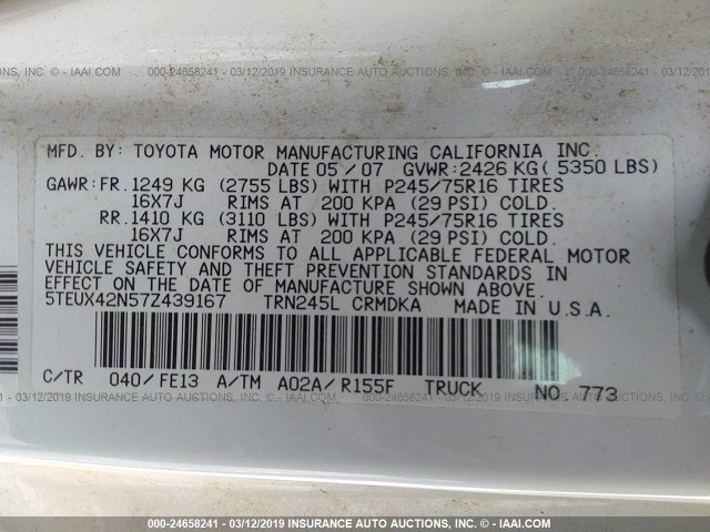 5TEUX42N57Z439167 - 2007 TOYOTA TACOMA ACCESS CAB თეთრი ფოტო 9