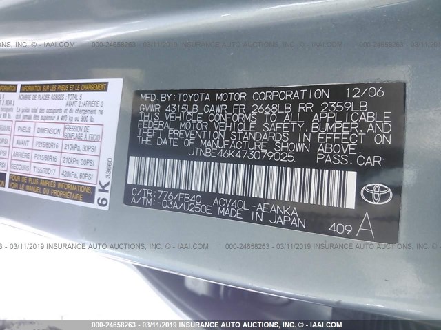 JTNBE46K473079025 - 2007 TOYOTA CAMRY NEW GENERAT CE/LE/XLE/SE SILVER photo 9