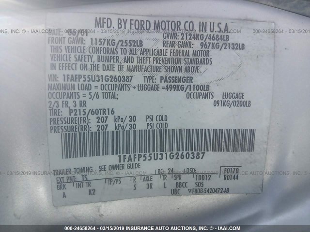 1FAFP55U31G260387 - 2001 FORD TAURUS SES SILVER photo 9