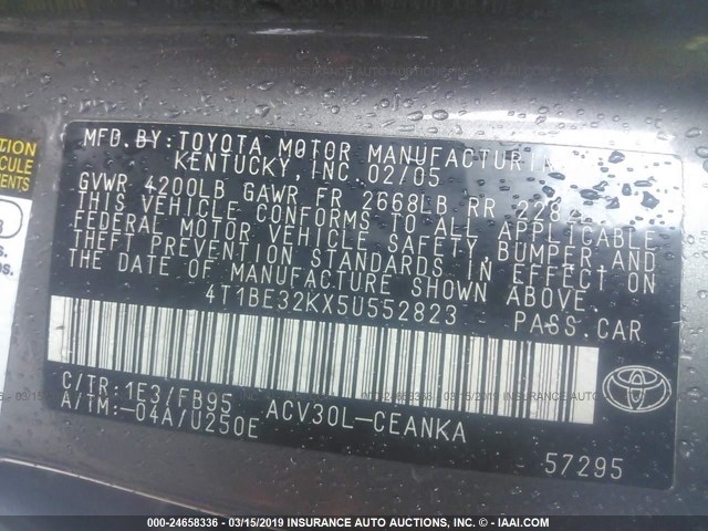 4T1BE32KX5U552823 - 2005 TOYOTA CAMRY LE/XLE/SE GRAY photo 9