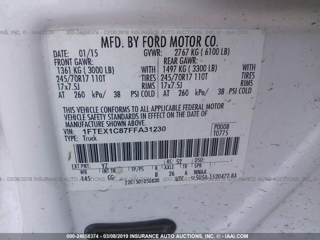 1FTEX1C87FFA31230 - 2015 FORD F150 SUPER CAB WHITE photo 9