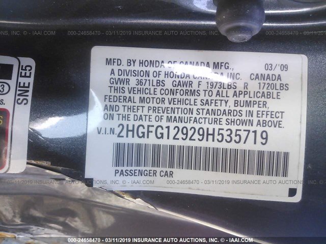 2HGFG12929H535719 - 2009 HONDA CIVIC EXL GRAY photo 9