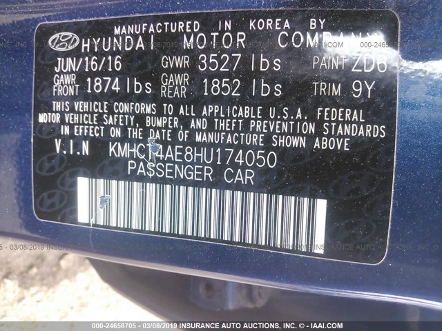 KMHCT4AE8HU174050 - 2017 HYUNDAI ACCENT SE BLUE photo 9