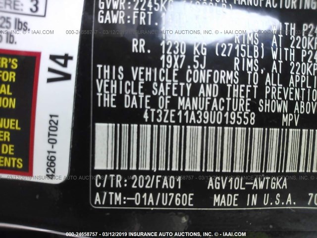 4T3ZE11A39U019558 - 2009 TOYOTA VENZA BLACK photo 9