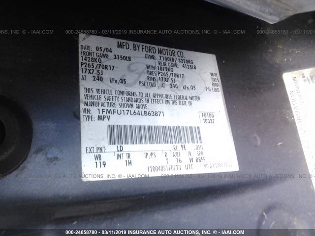 1FMFU17L64LB63871 - 2004 FORD EXPEDITION EDDIE BAUER BLUE photo 9